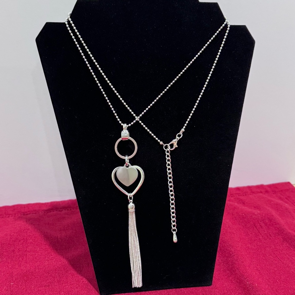 Heart & Tassel Pendant Necklace Silver Tone 30" With A 3" Extender Choker Option